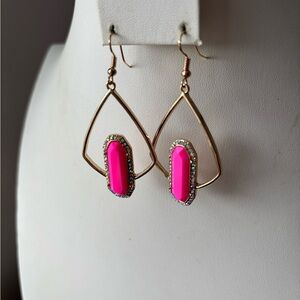 Pink and Gold Tone Geometric Earrings/ Sparkling Crystals/ Pierced Ears